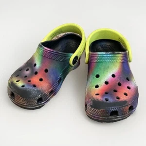 Crocs Size 10 Unisex Kids Clog - Black With Multicolor Shoe And Yellow Straps - Picture 1 of 10