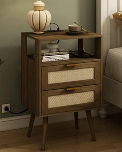 Rattan Nightstand with Charging Station,Modern Bedside Table with 2 Storage D... - Picture 1 of 7