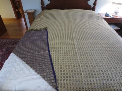 WOVEN Fringed REVERSIBLE NAVY & GOLD DESIGN Indian 102"x81" TEXTILE or BEDSPREAD - Image 1 of 4
