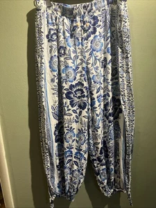 Rachel Zoe Leinenmischung Resort Hose L weites Bein Pull On blau Blumen Kordelzug - Bild 1 von 12