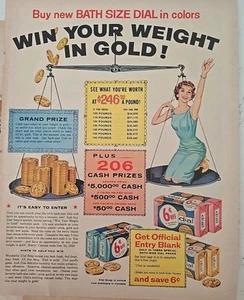 1950s Bath Size Dial Soap Colors pink blue yellow win weight in gold vintage ad - Picture 1 of 1