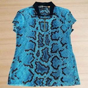 Jamie Sadock Polo Shirt Women Size Medium Blue Snake Zip Mock Neck Golf T198 - Picture 1 of 7