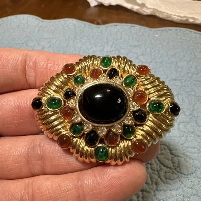 Broche de diamantes de imitación y pavé de cabujón de vidrio Ciner Jewels of India de colección raro Foto 1 de 4