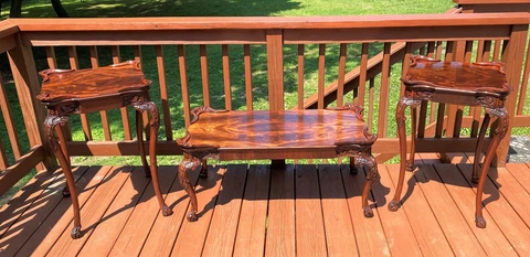 French Coffee Table & End Tables SET Highly Carved Flame Mahogany C. 1920 Rare! Cover