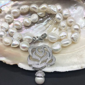 White Baroque Fresh Water Pearl 11-13mm Pave Rhinestone Rose Pendant Necklace - Picture 1 of 6
