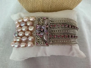 Pale Pink Silver Tone Multi Chain Fresh water Pearls Enameled Stretch Bracelet - Picture 1 of 12