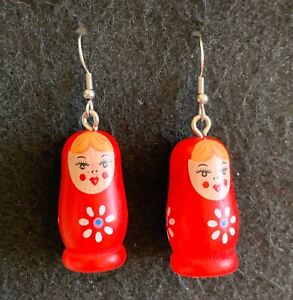 MATRYOSHKA STYLE DOLL WOOD Dangle Earrings Stainless Hook New Russian Red