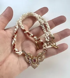 Vintage Gold Plated Baroque Pearl & Ruby Paste & Glass Diamante Necklace 18" - Picture 1 of 5