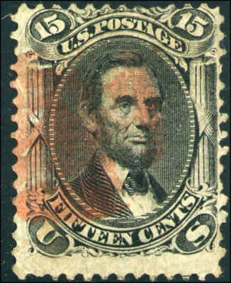 1868 US Stamp #98 15c Very Thin Used Red Cancel Catalogue Value $575 Certified - Image 1 of 2