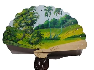 Cuban Vtg Hand Painted Wooden Folding Fan WoodBurn Tropical Forest Mountains Med - Bild 1 von 2
