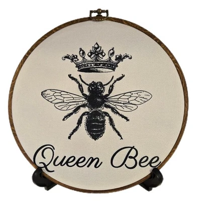 Queen Bee Printed Fabric Art Piece 10" Width 10" Length Plastic Embroidery Hoop - Image 1 of 3