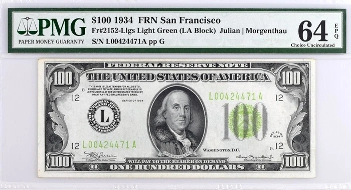 1934 $100 Federal San Francisco  LGS LIGHT GREEN SEAL PMG 64 EPQ - Image 1 of 2