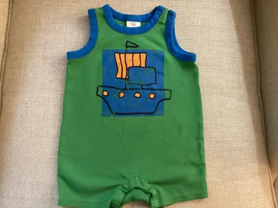 Hanna Andersson Boy 6-12M (70) Green & Blue Romper w/ Pirate Ship Graphics - Image 1 of 4
