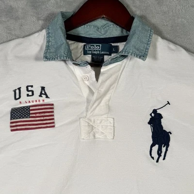 Ralph Lauren Polo Shirt Mens Large White Big Pony Flag USA Mesh Vintage - Image 1 of 4