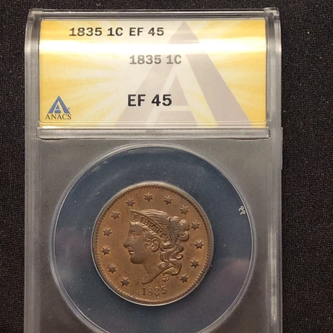 1835 large cent anacs ef45 Choice Chocolate Brown Patina Outstanding Original Cover