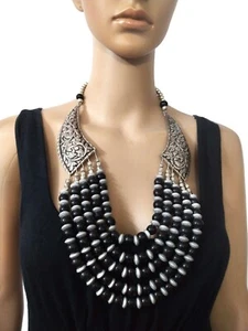 N7777 Ethnic Black Strand Embossed Bohemian Handmade Fashion NECKLACE Jewelry - Picture 1 of 15