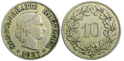 SUIZA Cobre-Níquel 1927 B 10 Rappen KM# 27 (23 467) Foto 1 de 3