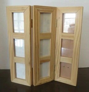 Wooden Hinged Tri-fold Photo Frame Holds (9) 1.5" x 2" Pictures - Picture 1 of 4