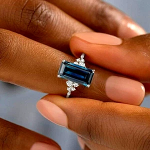 3Ct Baguette Blue Sapphire Diamond Solitaire Engagement Ring 14K White Gold Over - Picture 1 of 8