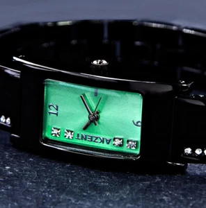 Stock Find Accent Ladies' Bracelet Watch Black Green Rhinestone Half Clasp Watch - Picture 1 of 3