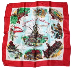 Vintage Scarf Holland Dutch Scenes Boats Windmills 27" Red Silky Fabric Souvenir - Picture 1 of 6