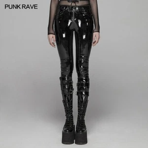 PUNK RAVE Fashion Gothic PUNK Leggings Patent Leather Pants Black Women Trousers - Picture 1 of 21