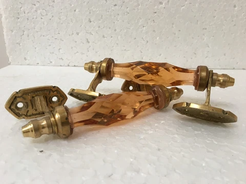 Vintage brass cobalt Orange glass church art decor Victorian door handle pair Cover