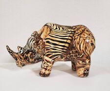 African Figurine. Rhino, Jungle Safari Patchwork Fabrick, Ceramic Vintage