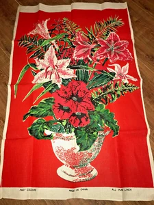 Tea Towel Linen 1980s 1950s Style Still Life Lilies Poppies Red White Green MINT - Picture 1 of 3