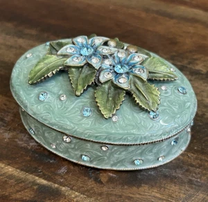 Vintage Decorative Trinket Box with Floral Design & Rhinestone Accents - Picture 1 of 11