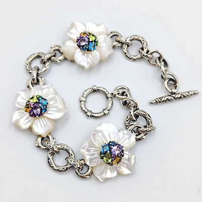 Stephen Dweck Sterling Silver 925 Carved MOP Multi Gemstone Color Bloom Bracelet - Image 1 of 4