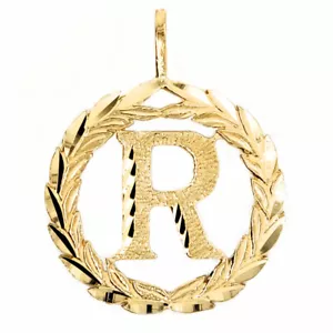 Genuine 14k Yellow Gold 0.78" Wreath Initial Block Letter 'R' Round Pendant - Picture 1 of 5