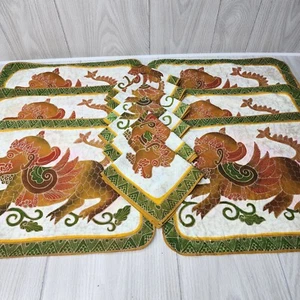 Set of 6 Asian Inspired Placemats 12x16 and Napkins 12" Green Dragon Loins FLAWS - Picture 1 of 17