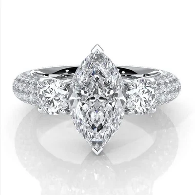 Anillo de compromiso con pavé de diamantes marquesa color GIA K y claridad VVS2 3,05 ctw Foto 1 de 4