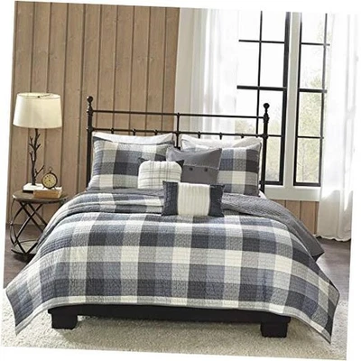  Edredón Reversible Cabina Estilo de Vida Diseño a Cuadros - Completo/Queen Ridge Gris 6 Piezas Foto 1 de 4