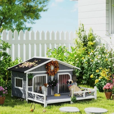 Wooden Large Dog House, Perfect for the Porch or Deck, 59" L, Grey - Image 1 of 4