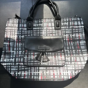 Vera Bradley Damen Quaste Beuteltasche schwarz und weiß Kunst kariert Laptop Handgepäck - Bild 1 von 10