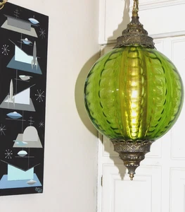 Vintage MCM grüne Glas Hänge Kugel Swag Lampe Hollywood Regency 60er 70er - Bild 1 von 14