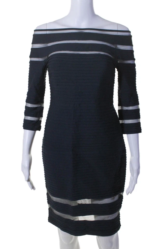 Vestido listrado Tadashi Shoji feminino zíper nas costas manga 3/4 malha aberta azul marinho tamanho PM - Imagem 1 de 4