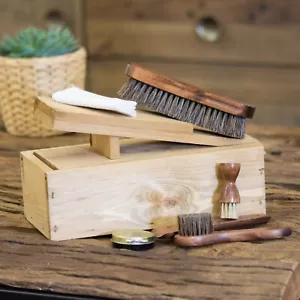 Vintage Wooden Shoe Polish Shine Cleaning Kit Storage Box Angled Foot Rest - Picture 1 of 7