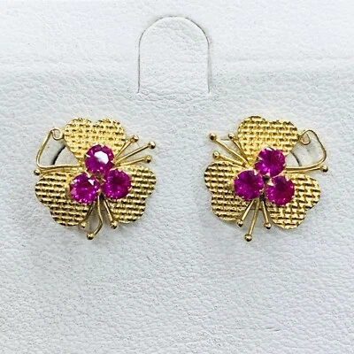 17k Yellow Gold Lab-Created Ruby Clover Irish Leaf Flower Earrings Screw Back - Image 1 of 4