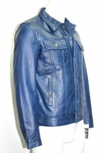 Men's Blue Genuine Lambskin Leather Trucker Jacket Biker Denim Shirt Style - Picture 1 of 9