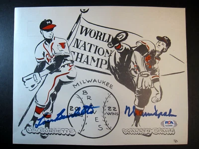 WARREN SPAHN LOU BURDETTE SIGNED AUTOGRAPHED 8X10 PHOTO 1957 CHAMPION BRAVES PSA - Image 1 of 3