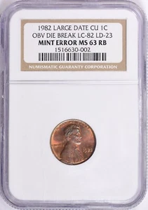 1982 P Lincoln Cent Large Date Obverse Die Break NGC MS-63 RB - Picture 1 of 4
