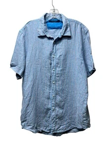 Perry Ellis 100% Linen Mens sz XL Short Sleeve Light Blue Striped Summer Shirt - Picture 1 of 4