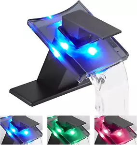 Black Bathroom Sink Faucet LED Light 3 Colors Changing Waterfall Glass Spout Hot - Picture 1 of 7