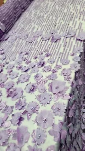3D Lace Lavender Floral 3D FLOWERS Lace Fabric By Yard QUINCEAÑERA PROM BRIDAL - Picture 1 of 7