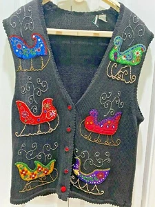 Designers Originals Ugly Christmas Sweater Vest -Beaded Holiday Sleighs - Large - Picture 1 of 6