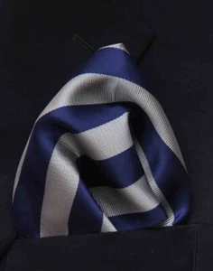 Gascoigne Pocket Square Navy Blue Gray Cabana Stripe Men's - Picture 1 of 2