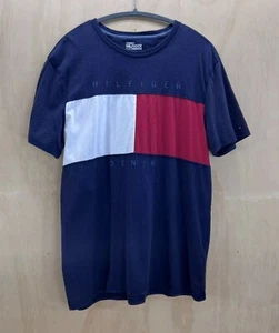 Tommy Hilfiger Denim Hombre Camiseta Talla L Envejecida Azul Marino Algodón Bandera Grande - Imagen 1 de 6